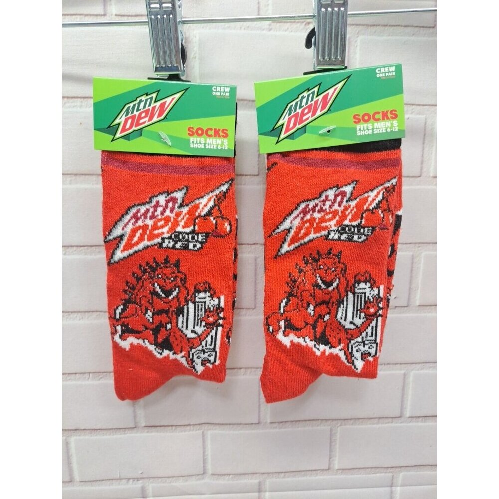 Lot Of 2 Pairs, Mountain Dew Code Red Crew Socks 6-12 Novelty Mtn Dew Graphics